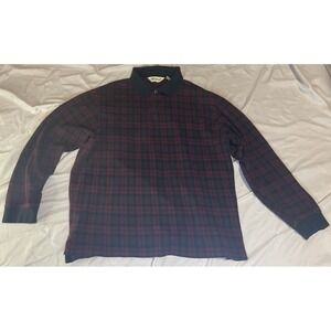 Eddie Bauer Polo Shirt Mens L Red Plaid Long Sleeve Cotton Knit Contrast Collar
